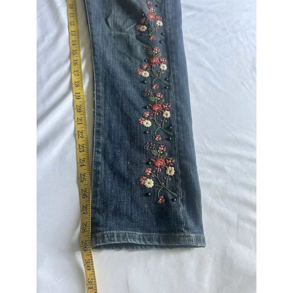 Pilcro Floral Embroidered Beaded Hyphen Straight Leg Jeans Womens Size 28 Blue